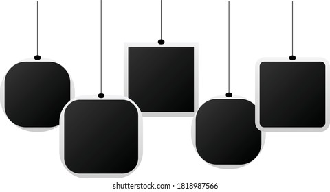 Five hanging photo frames on yellow background