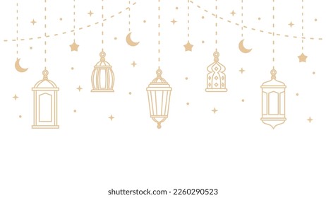 Five hanging ramadan lanterns and islamic ornaments isolated on white background.