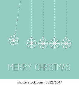 Five hanging snowflakes. Dash line.  Perpetual motion. Merry Christmas. Flat design. Blue background. Vector illustration