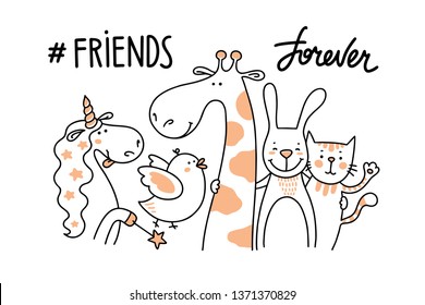 Five happy animal friends together and forever. Unicorn, bird, giraffe, bunny and cat illustration cartoon vector poster