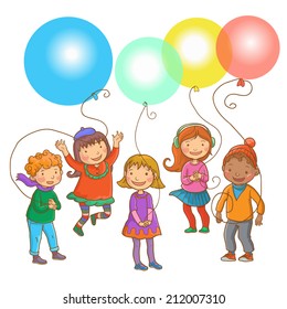 Five happy children with balloons. Back to School. COLOR. Isolated objects on simple background for picture books, magazines, advertising, Birthday Cards and more. VECTOR.