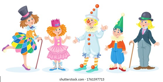 Five happy children in carnival costumes. In cartoon style. Isolated on white background. Vector flat illustration.