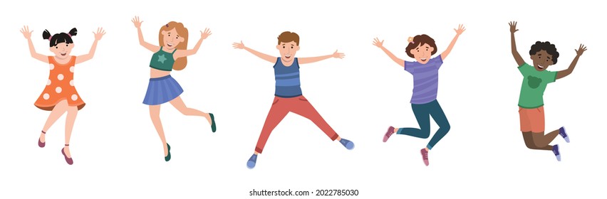 Five happy children jumping for joy on a white background - Vector illustration