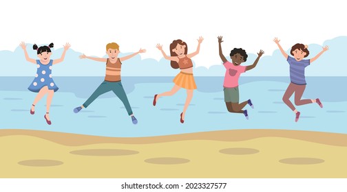 Five happy children jumping for joy on the beach - Vector illustration