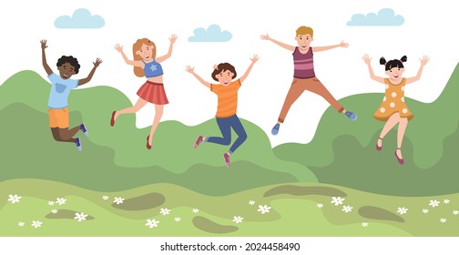 Cinco niños felices saltando de alegría en el fondo de las montañas - Ilustración vectorial