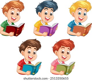 Five happy children reading colorful books