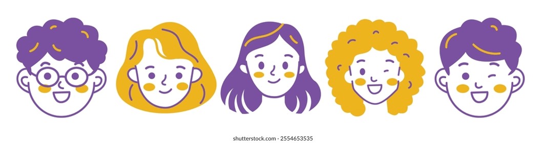 Five happy diverse children's faces. Cartoon style illustration. Purple and gold color scheme.