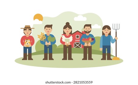 Five happy farmers presenting their diverse harvest including honey, wheat, chicken, fresh apples, and garden tools.