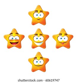 Five happy five-rays stars with eyes and laughing smiles. Yellow color.