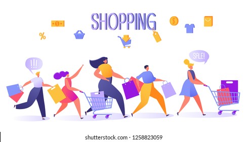 Five happy, flat people characters running with shopping bags and trucks. Vector illustration shopping theme, sale concept, retail consumerism. Flat design style.