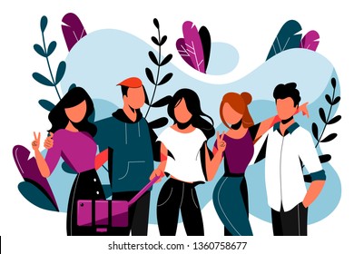 Five happy friends make selfie photo. Friendship vector flat illustration. Young people have a fun event together.