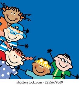Five happy kids, girls and boys on blue background, conceptual vector illustration, template, Children's Day