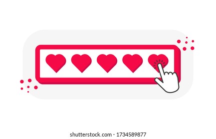 Five heart 3D icons ratings, 5 heart shape with finger pointer isolated on white background. Vector illustration.