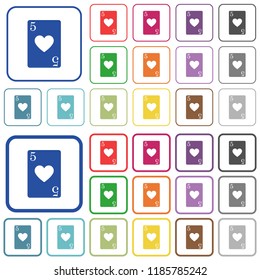 Five of hearts card color flat icons in rounded square frames. Thin and thick versions included.