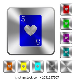 Five of hearts card engraved icons on rounded square glossy steel buttons