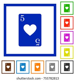 Five of hearts card flat color icons in square frames on white background