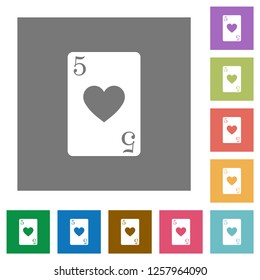 Five of hearts card flat icons on simple color square backgrounds