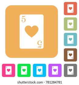 Five of hearts card flat icons on rounded square vivid color backgrounds.