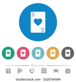 Five of hearts card flat white icons on round color backgrounds. 6 bonus icons included.