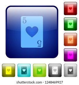 Five of hearts card icons in rounded square color glossy button set