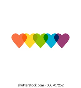 Five hearts colored with rainbow colors. Gay symbol made in vector. Love and marriage illustration concept on white background.