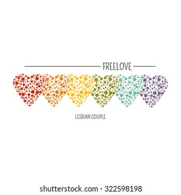 Five hearts colored with rainbow colors. Lesbian couple  symbol made in vector. Free Love and marriage illustration concept on white background.