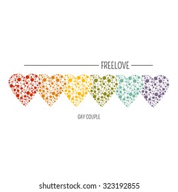 Five hearts colored with rainbow colors. Gay couple  symbol made in vector. Free Love and marriage illustration concept on white background