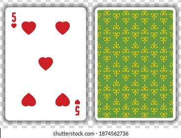 Five of hearts playing card, isolated on transparent background. Vector illustration.