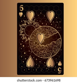 Five of hearts. Playing card with original design on the theme of space.