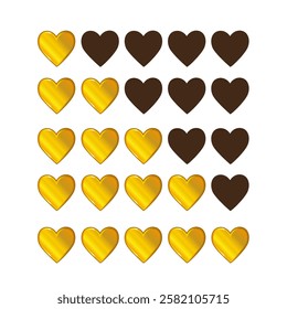 Five hearts rating icon vector illustration isolated on white background. Feedback ranking system from 1 to 5. Set of gold hearts.