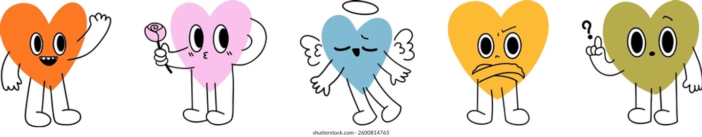 Five heart-shaped cartoon characters in different colors displaying various emotions in a playful style