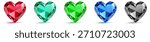 Five heart-shaped gems in different bright colors, with subtle shadows and reflections, on a white background.