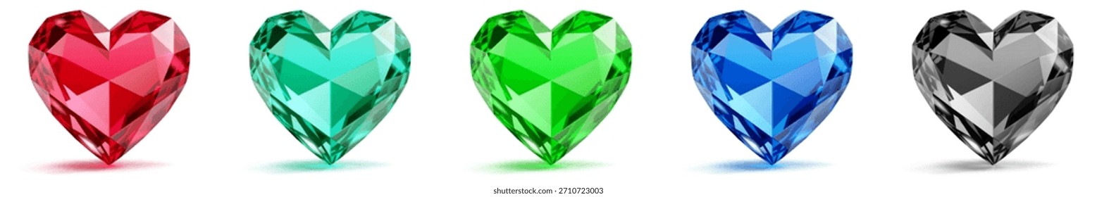 Cinco gemas en forma de corazón en diferentes colores brillantes, con sutiles sombras y reflejos, sobre un fondo blanco.