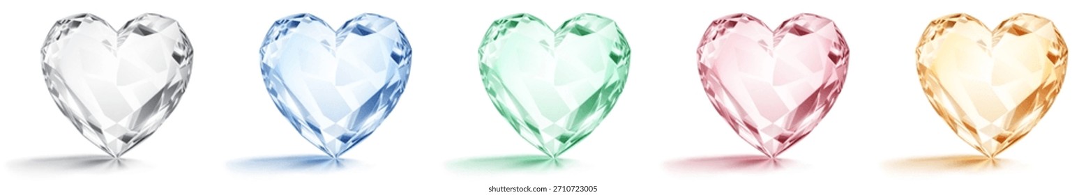Cinco gemas em forma de coração em diferentes cores pastel, com sombras sutis e reflexões sobre um fundo branco, apresentando facetas intrincadas e refração leve.