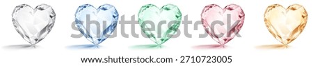 Five heart-shaped gems in different pastel colors, with subtle shadows and reflections on a white background, showcasing intricate facets and light refractions.