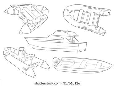 five height detailed fishing boats icons