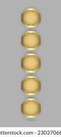 FIVE hexagon buttons in 3d plate shape with golden frame vector illustration designs