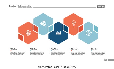 Five hexagons process chart slide template. Business data. Step, workflow, design. Creative concept for infographic, presentation, report. Can be used for topics like insurance, strategy, research.