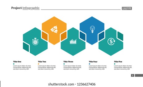Five hexagons process chart slide template. Business data. Step, workflow, design. Creative concept for infographic, presentation, report. Can be used for topics like insurance, strategy, research.
