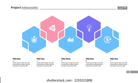 Five hexagons process chart slide template. Business data. Step, workflow, design. Creative concept for infographic, presentation, report. Can be used for topics like insurance, strategy, research.