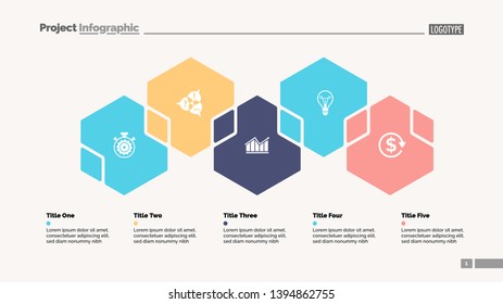 Five hexagons process chart slide template. Business data. Step, workflow, design. Creative concept for infographic, presentation, report. Can be used for topics like insurance, strategy, research.