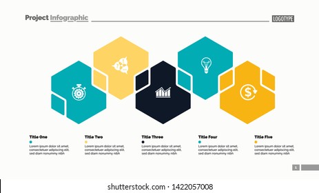 Five hexagons process chart slide template. Business data. Step, workflow, design. Creative concept for infographic, presentation, report. Can be used for topics like insurance, strategy, research.