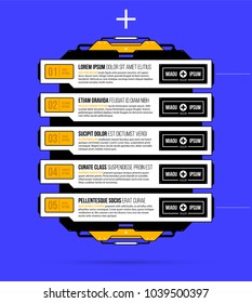 Five hi-tech options in geometric industrial/techno style on deep blue background