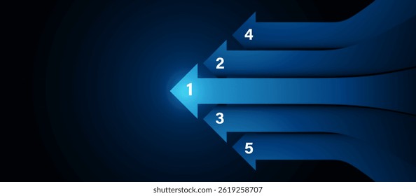 Cinco setas horizontais infográfico com etapas numeradas de 1 a 5 em um fundo de gradiente azul escuro