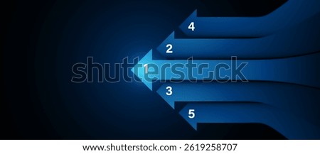 Five horizontal arrows infographic with numbered steps from 1 to 5 on a dark blue gradient background