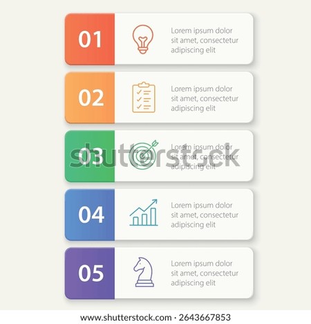 Five horizontal boxes with step numbers and icons for idea, plan, and strategy