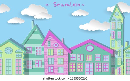 Five houses along the street.  Seamless pattern in pastel colors.  City landscape.  White clouds on a bright blue sky.  Vector illustration in paper cut style. 