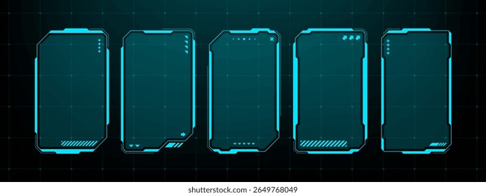 Five hud text box frame vectors with blue neon outline. Futuristic infographic interface. Empty template element for computer game.