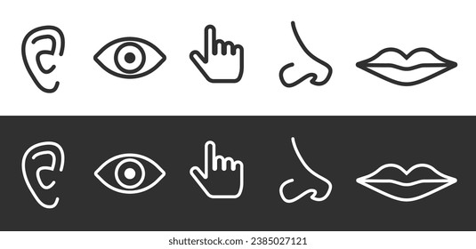 Five human sense icons set line outline art stroke graphic vector, eye ear nose lips mouth hear see listen smell feel sensory thin linear pictogram glyphs black white minimal symbols image clipart