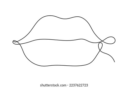 Five human senses in continuous line style. Mouth, lips outline, linear illustration.